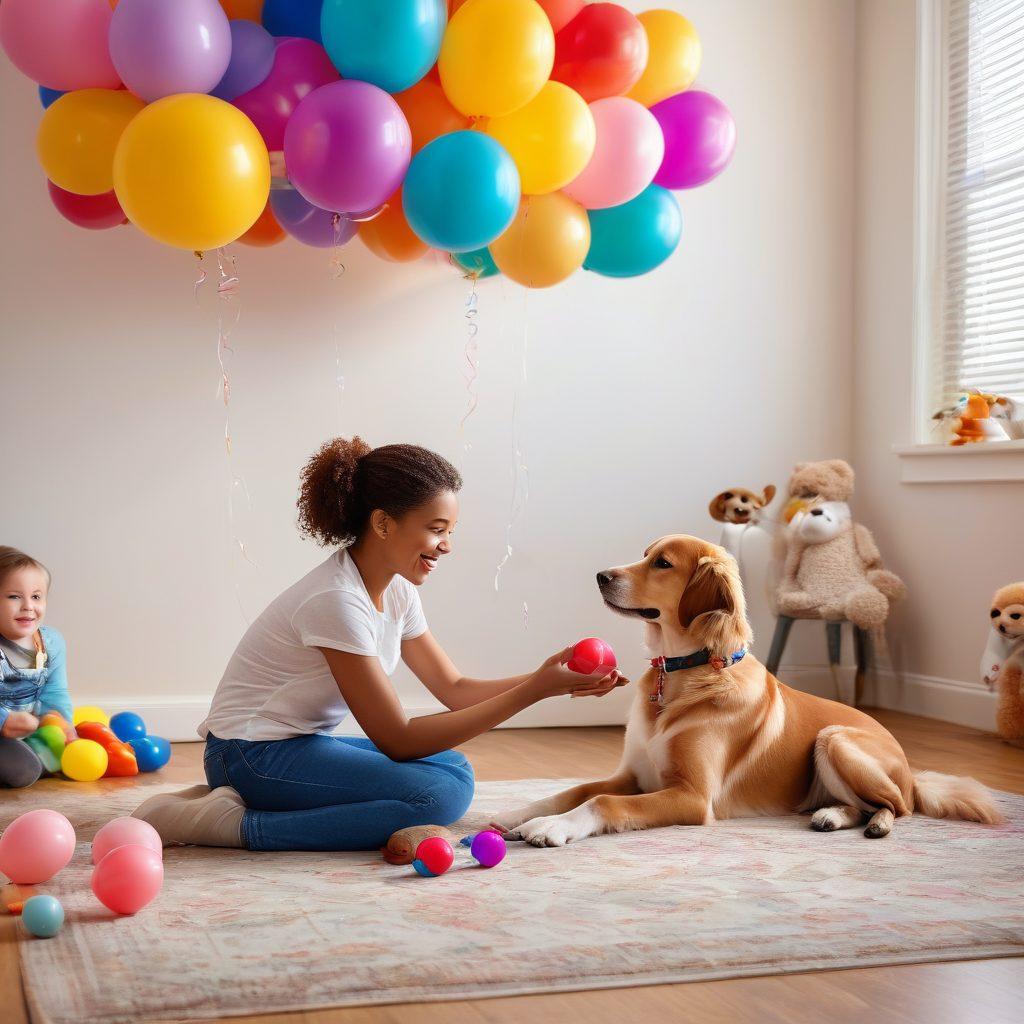 A heartwarming scene depicting a pediatric rehabilitation session where a caring therapist is gently interacting with a young child. The child, with a joyful expression, is playing with colorful toys, surrounded by balloons and cheerful artwork on the walls. Soft lighting enhances the warmth of the space, conveying a sense of compassion and support. Inclusion of a loving pet, like a therapy dog, adds to the affectionate atmosphere. super-realistic. vibrant colors. soft focus.