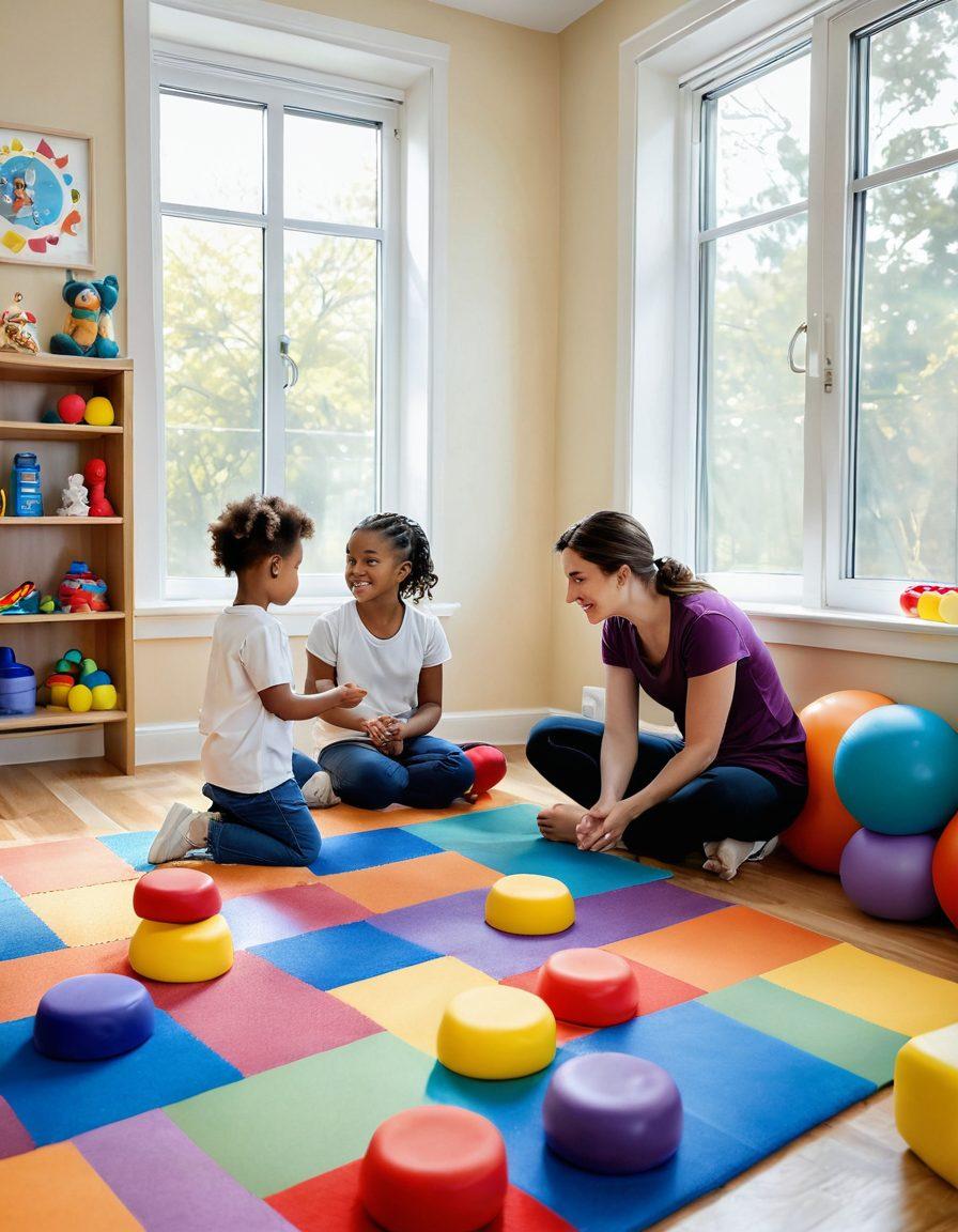A serene therapy room with a focused child and therapist engaged in Bobath technique exercises, surrounded by colorful sensory toys and soft mats. The child's joyful expression highlights the benefits of improved motor skills. A gentle, warm sunlight filters through a window, creating a sense of hope and recovery. super-realistic. vibrant colors.